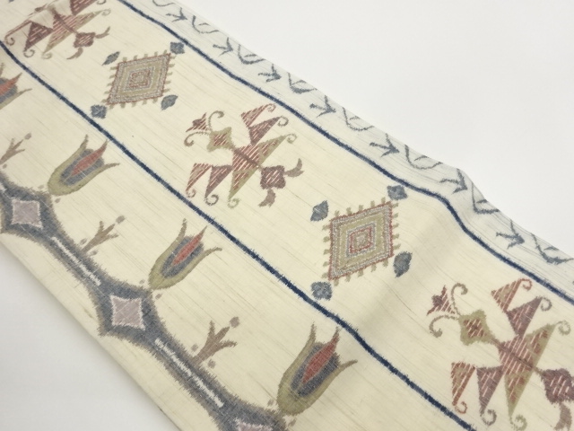JAPANESE KIMONO / NAGOYA OBI / TSUMUGI / WOVEN GEOMETRIC PATTERN & FLOWER 